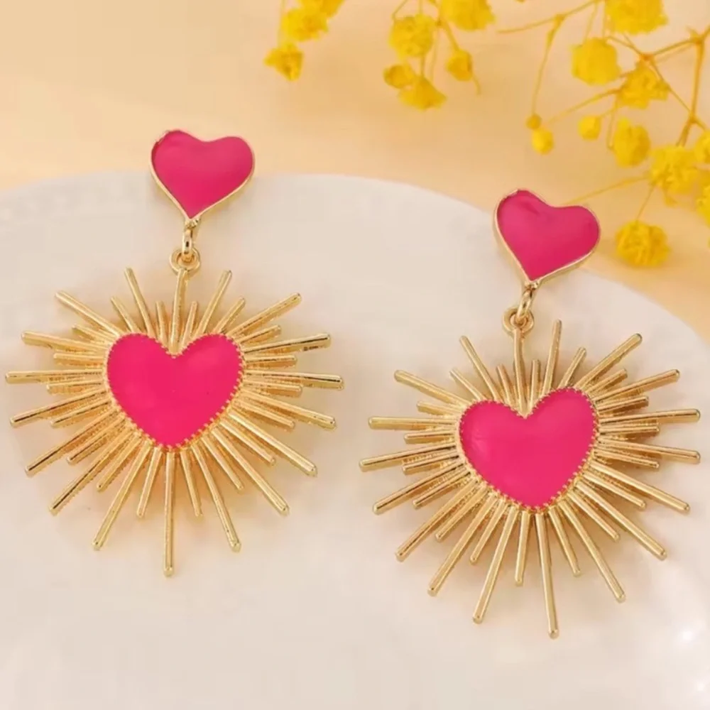 Pink Heart Burst Statement Earrings | Gold Sunray Dangle | Bold Retro Jewelry - Picture 5 of 6